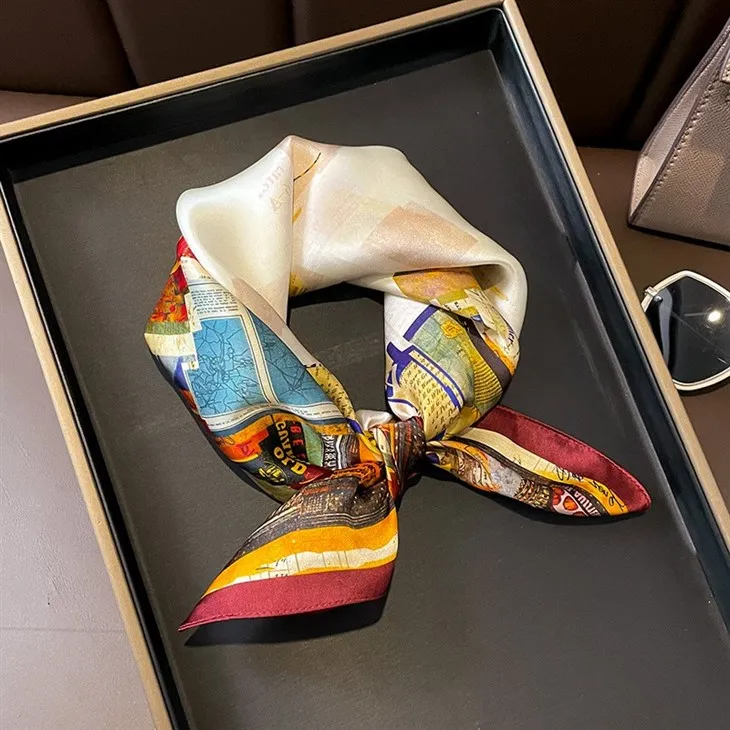 Custom Silk Scarf Female New Totem Print Brocade Silk Scarf Medium-Length Section